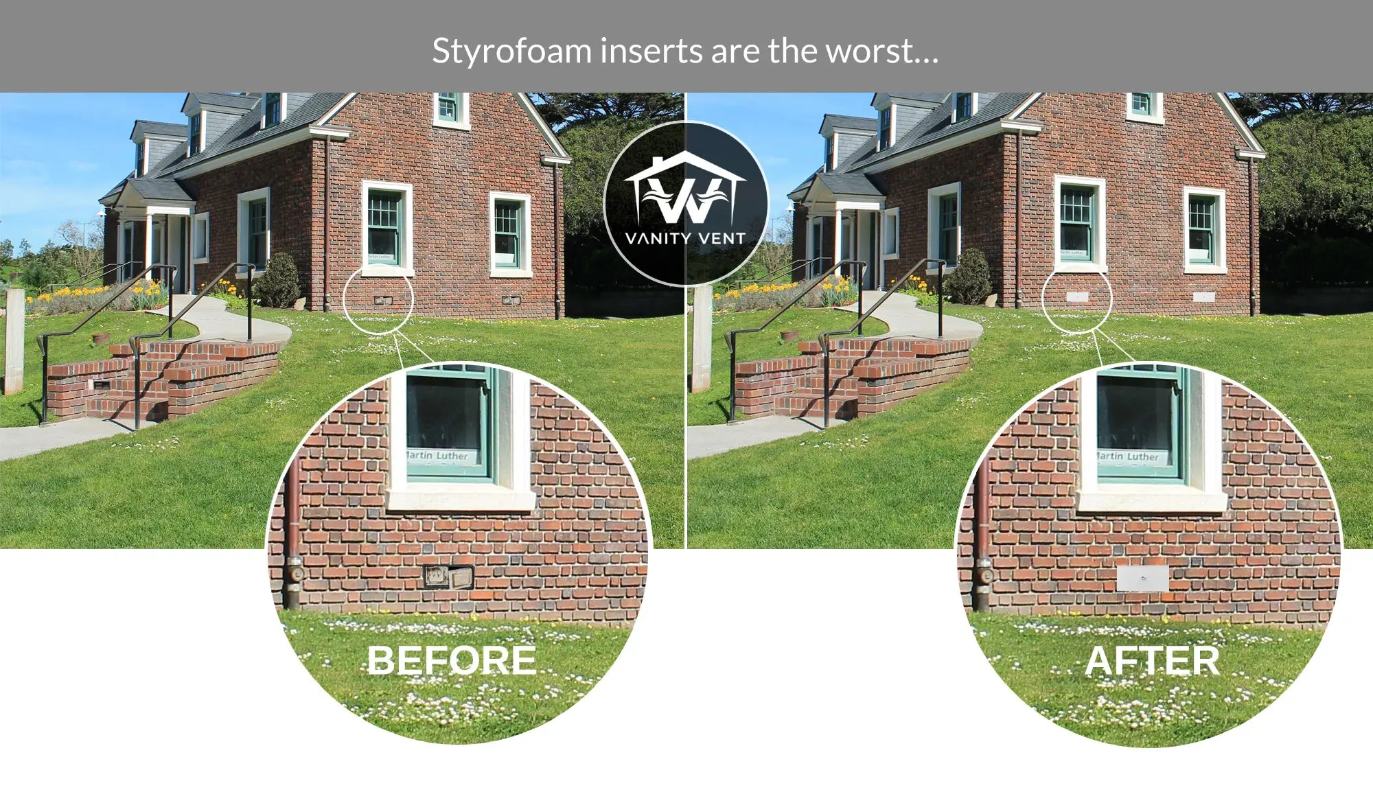 Before and after photos showing removal of styrofoam inserts from brick walls.