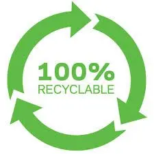 Green circular arrows symbolize 100% recyclability.