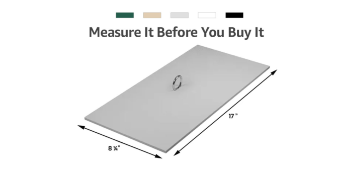 A 17 by 8 inch rectangular board with the text 'Measure It Before You Buy It'.