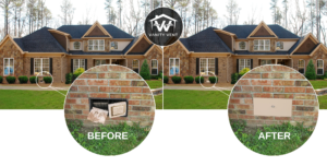Brick mailbox before and after restoration in front of a suburban house. Brick mailbox before and after restoration in front of a suburban house.