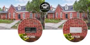 Before and after images of a clean, restored brick chimney and house exterior. Before and after images of a clean, restored brick chimney and house exterior.