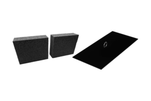 Black rectangular speaker system with a laptop on a white background. Black rectangular speaker system with a laptop on a white background.