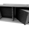 Rectangular foam-filled enclosure with a divider and removable foam block.
