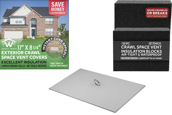 Exterior foundation vent cover and polyethylene foam inserts to keeps pipe from freezing in winter