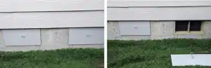 Installed crawl space vent covers and Vanity Vents insulation blocks Gray crawl space vent covers on wall