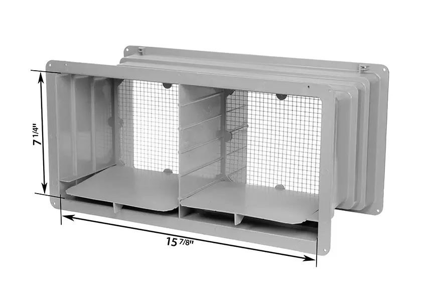 Outdoor weatherproof electrical outlet with protective cover and mesh screens.